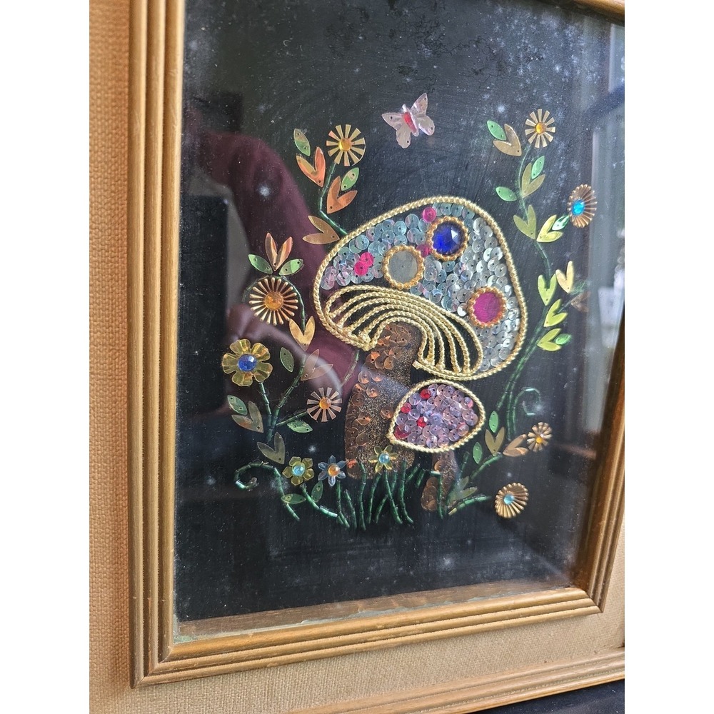 Vintage MCM Mushroom Mixed Media Art On Velvet With Metal Beads 16x13.5" 70's